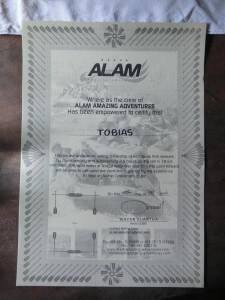 Urkunde von Alam Adventures